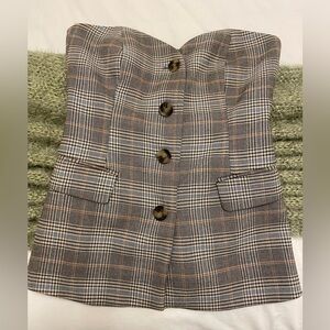 Zara Multicolor Plaid Button Down Strapless Bustier Sweetheart Top